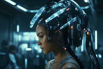 Side view of futuristic female cyborg with glowing head-mounted display