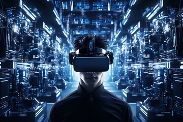 Young man wearing virtual reality goggles in futuristic server room
