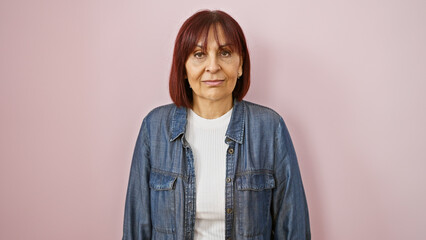 Middle-aged hispanic woman in denim jacket against a pink background portrays adult maturity and...