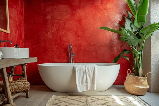 Modern stylish bathroom with white toilet bathtub and red walls in a minimalist style at simple apartment of hotel room or spa center. Interior design concept