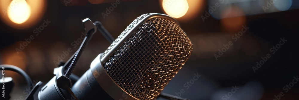 Aufkleber close-up of a studio microphone with warm bokeh lights providing professional recording ambiance