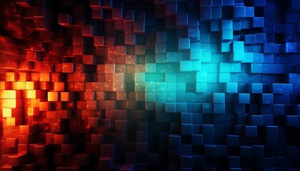 Abstract blue and red glowing cubes background with a futuristic digital technology theme.