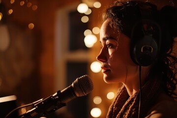 Focused female podcaster recording in a studio with bokeh lights and a warm, intimate atmosphere