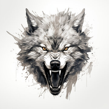 Head of a Wolf with Mouth Open Showing Teeth Roaring and Howling No Background