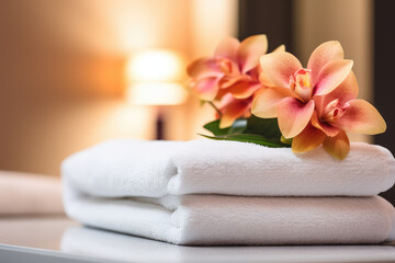 Obraz na płótnie Canvas A tranquil spa experience awaits in this image, featuring a cozy massage table with towels and floral decor, perfect for stress relief and serenity.
