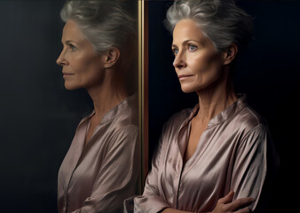 full body portrait of a 50 years old friendly conservative woman looking in the mirror and thinking about her life, deep thoughts. - obrazy, fototapety, plakaty