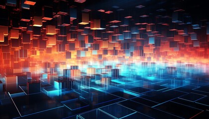 Abstract digital background with floating cubes in blue and orange hues, depicting futuristic technology.
