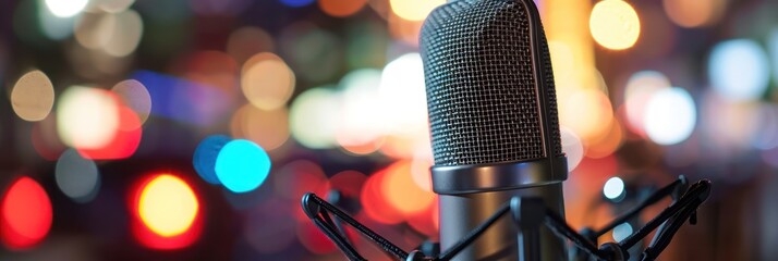 Close-up of a microphone with bokeh lights, setting scene for a festive podcast recording session - obrazy, fototapety, plakaty