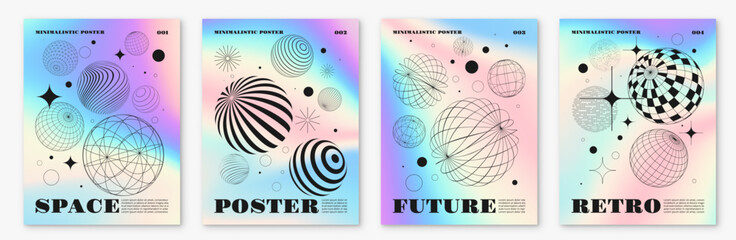Geometric posters. Graphic sphere shapes, modern abstract minimal lines, swiss bauhaus typography. Gradient background. Space retro banner, purple hologram colors vector design illustration set