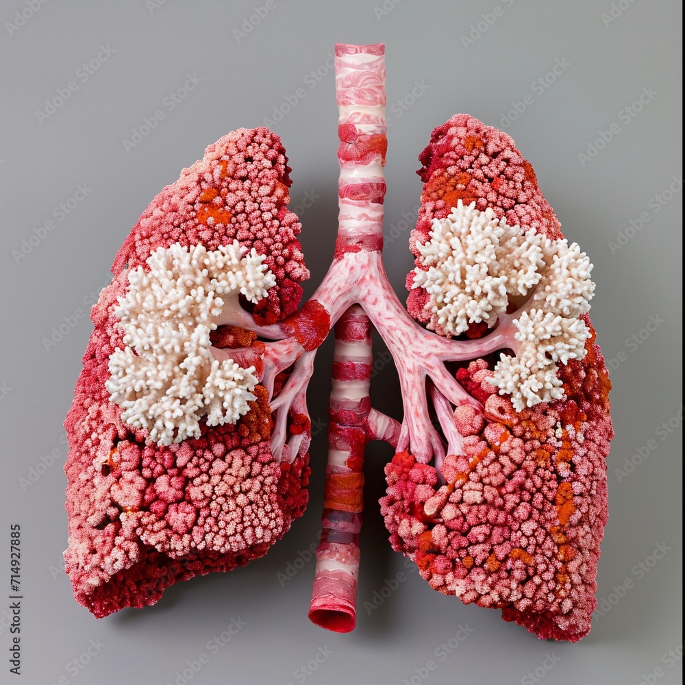 Poster a close-up of a human lung with a red and white color scheme. generative ai
