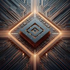 Futuristic Technology: Quantum CPU Microprocessor with Radiant Circuit Board Background”