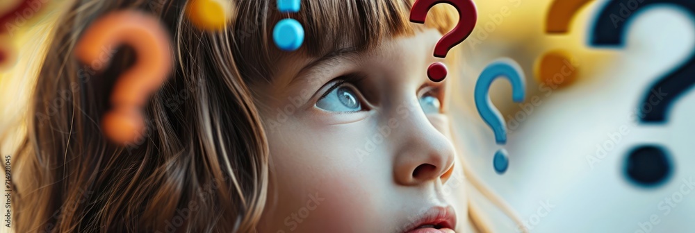 Poster child with big eyes surrounded by colorful floating question marks, wonder and inquisitiveness