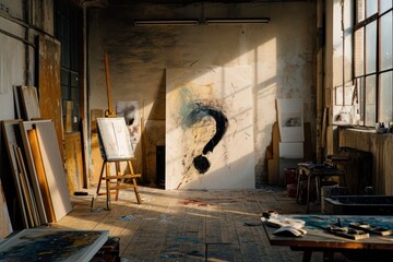 Art studio with sunlight shadows, large question mark painting center stage, creative questioning
