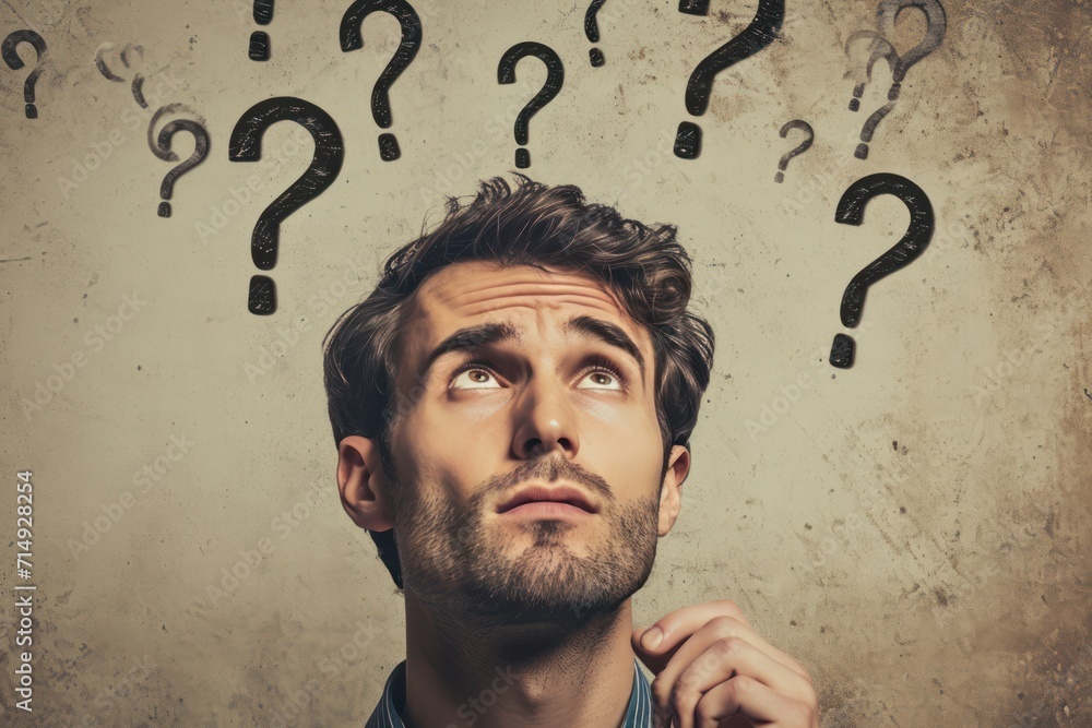Poster Man with question marks above, representing deep thought and the search for answers