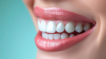 Close-up of a woman's smiling mouth with braces, healthy teeth, and fresh lipstick