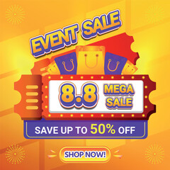 8 8 EVENT MEGA SALE SHOPPING DAY 50 PERCENT OFF BACKGROUND SOCIAL MEDIA