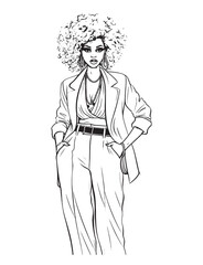 Beautiful woman vector illustration, fashion coloring page for adults