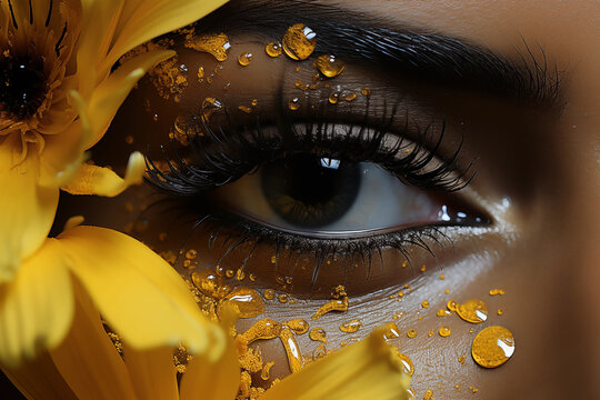 A close up of an eye with yellow flowers