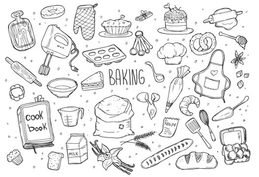 Baking doodles set. Bakery, confectionery and pastry stuff, tools, utensils, equipment and cooking ingredients. Freehand vector drawings isolated on white background