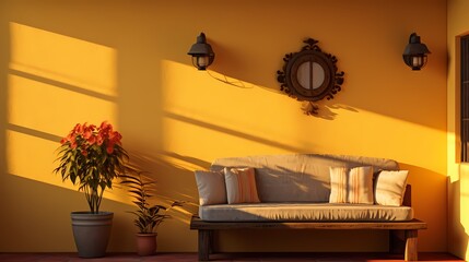 A goldenrod-colored wall, illuminated by a setting sun, radiating a warm and inviting ambiance.