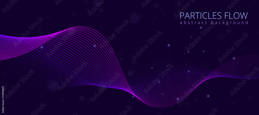 Poster Dot waves. Abstract data line flow with point particles, blue purple light sound or big future energy 3d circle. Wallpaper and backdrop design. Contemporary banner. Vector background elements