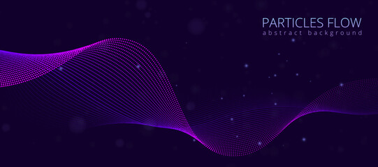 Dot waves. Abstract data line flow with point particles, blue purple light sound or big future energy 3d circle. Wallpaper and backdrop design. Contemporary banner. Vector background elements