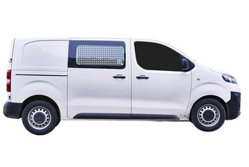 Side view of a white commercial van isolated on a white background, ready for business branding