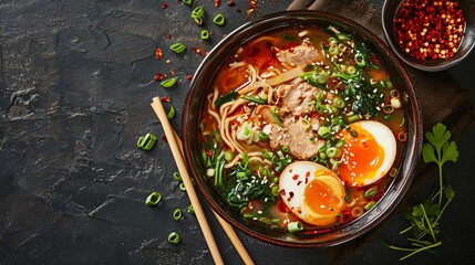 A savory broth with egg and meat, captured in a stunning image.
