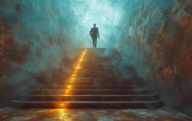 Businessman climbing stairs with ambitions concept.