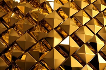 Elegant tiles forming a diamond-shaped wall in a golden background comprised of glossy blocks. Generative AI