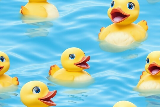 Happy rubber ducks floating in blue water, a playful and cheerful image ideal for children's themes and bath time fun, seamless background