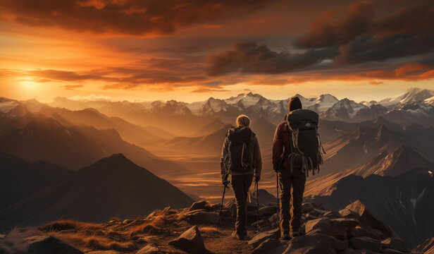 Couple of hikers on top of a mountains looking at sunset / sunrise