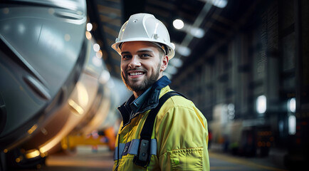 Portrait of a smiling male worker in hardhat standing in warehouse