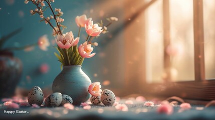 flowers in a vase and eggs are placed down for easter celebrations