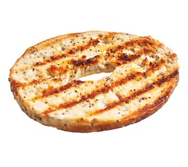 Toasted bagel with visible grill marks isolated on a white background, implying breakfast or snack.