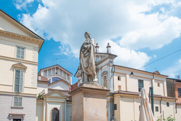 Italian square Piazza Puccini with a monument de Carlo Emanuele in Novara city, Piedmont, Italy. Italian art. Travel destination