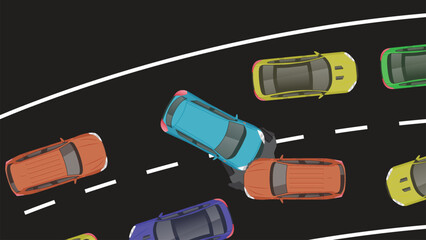 top view flat cartoon of car vehicle with crash braking emergency accident and road