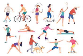 Fototapeta na wymiar Workout exercises. People sport training. Woman practicing yoga. Soccer playing. Man on bicycle. Walk dog in park. Girl jumping rope. Badminton player. Healthy activities vector set