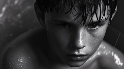 A young boy with wet hair and a wet face Generative AI
