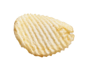 Close-up of a single wavy crisp against a white background, illustrating concepts of snack, food, and texture.