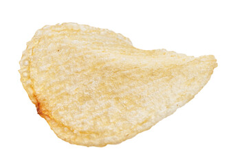 An isolated crispy potato chip on white background, ideal for snack and food-related themes.