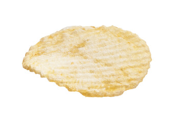 Close-up isolated image of a single crispy potato chip against a white background.