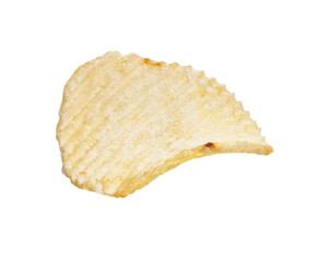 Isolated crisp potato chip on a white background, depicting snack, food, texture, crispiness, salted, yellow, single, closeup, crunchy, and tasty.