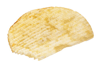 A single, crispy, golden-brown potato chip isolated against a white background.