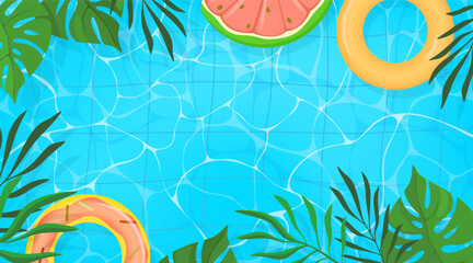 Summer pool. Fun swim background water for summertime party invite or sale, pink tubes float on waves, green tropical leaves. Watermelon and donut rings. Copy space. Vector illustration