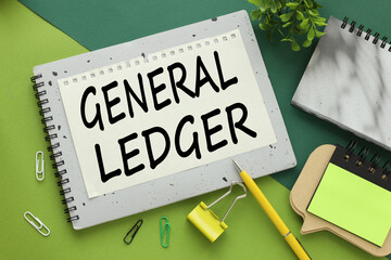 GL - General Ledger two different backgrounds. Green colour. text on a notepad