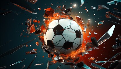 Exploding soccer ball with fiery effects and debris on a dark background, depicting power and impact.