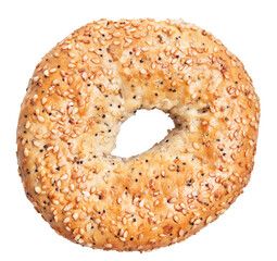 Close-up of a single sesame-seeded bagel isolated on a white background, ideal for food and bakery...