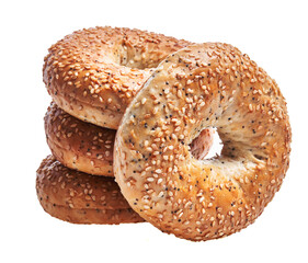 Three sesame bagels stacked against a white background, ideal for bakery or breakfast concepts.