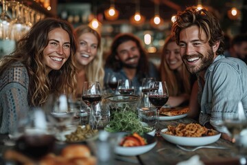 Five friends eating and drinking wine, having a good time - obrazy, fototapety, plakaty